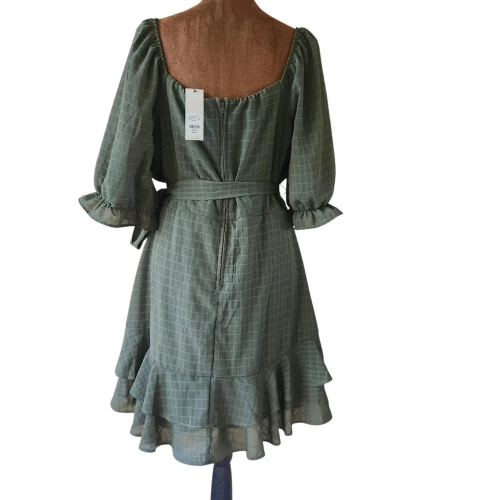 NWT Francesca's Ruffle Olive Green Faye Mini Dress‎ Size L Ruffle Belted V Neck